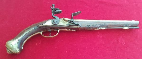 An unusually long brass mounted French flintlock pistol. Circa 1780. Ref 1511.
